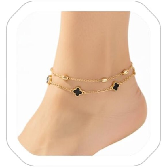 Adjustable Gold Plated Anklets with Flower and Bead Charms - Luxurious Jewelry - Picture 1 of 7